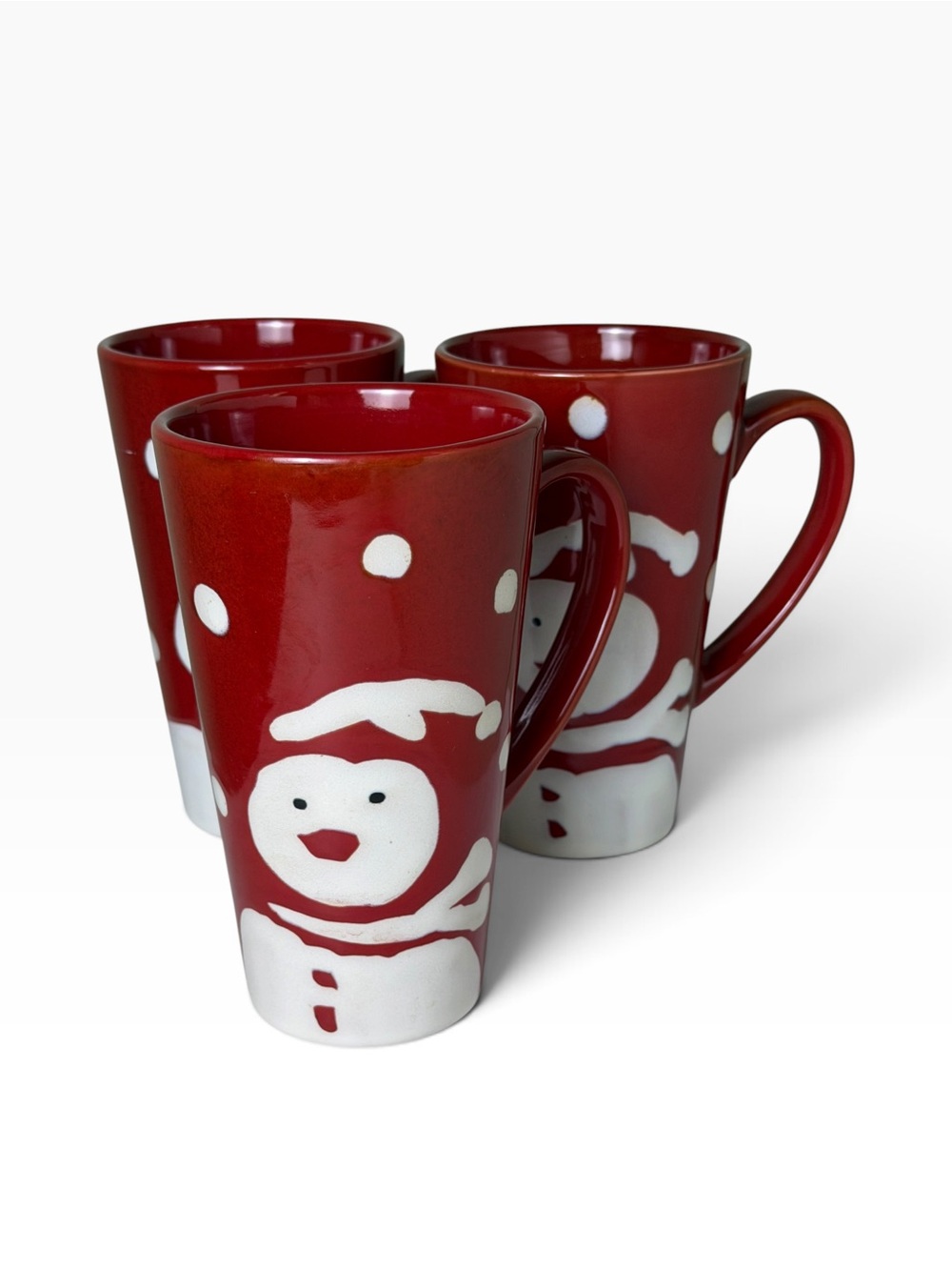 Pier 1 Snowman Christmas Mugs Set of 3 Hand Painted Red Holiday Stoneware